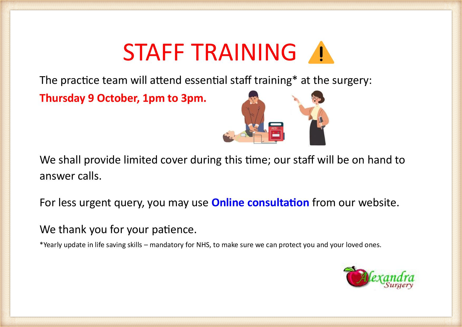 Limited cover for staff training